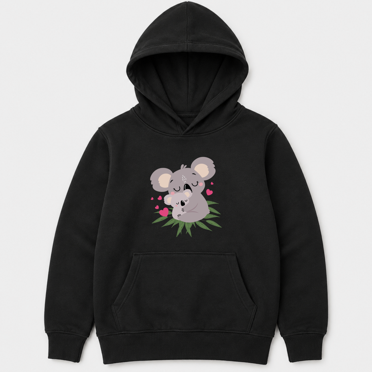 Girl black pullover hoodie featuring an illustrated koala and baby cuddling above green leaves with pink heart accents.