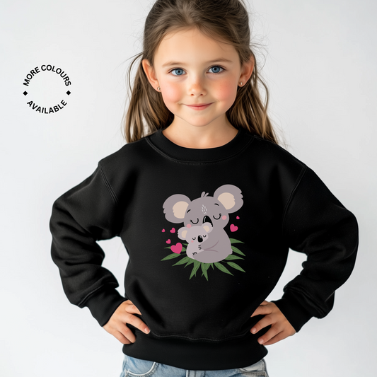 girl wearing a black sweatshirt with printed koalas design