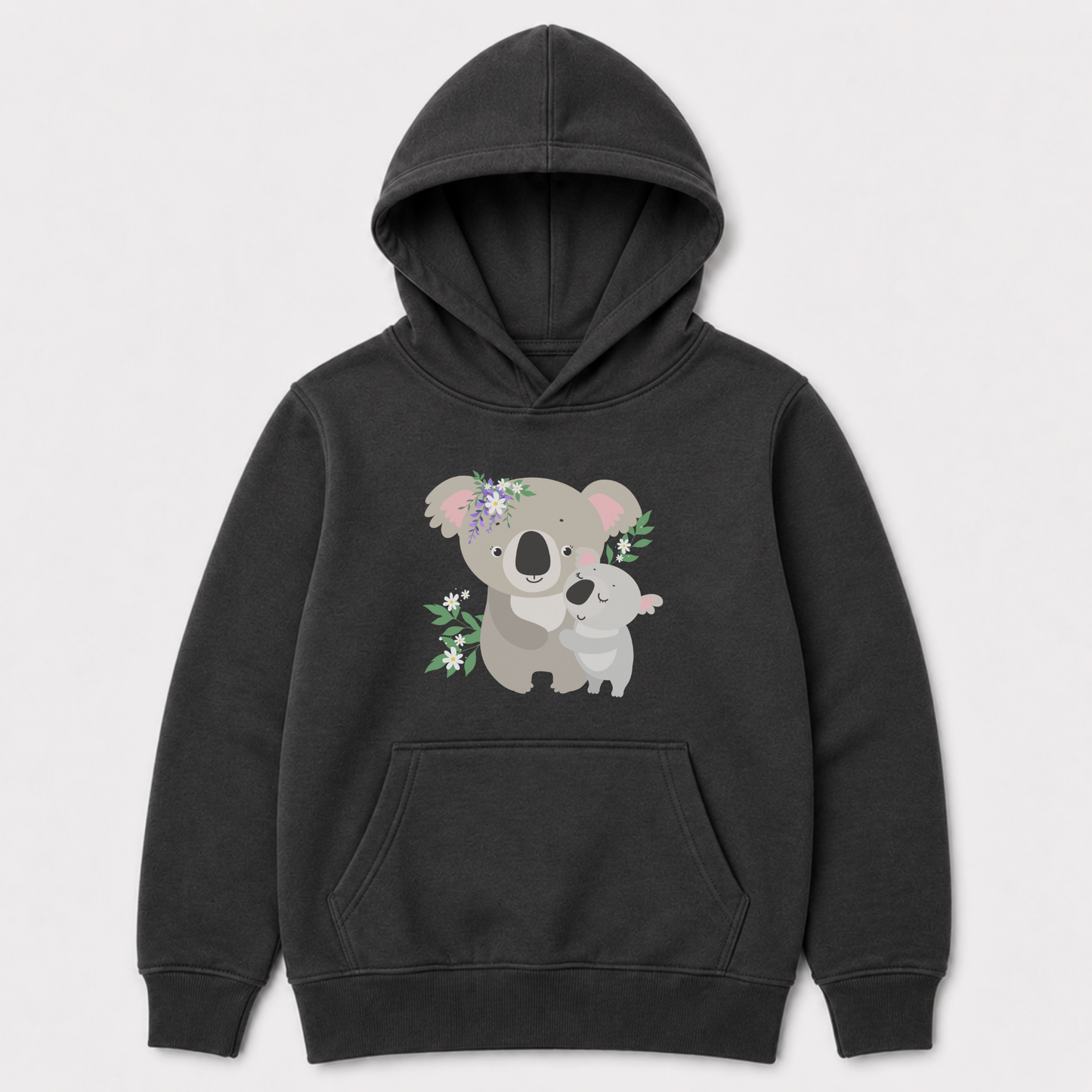 A kids dark charcoal grey hooded sweatshirt featuring a cute cartoon koala and baby koala graphic on the chest, decorated with small flowers and leaves, shown against a light grey background.