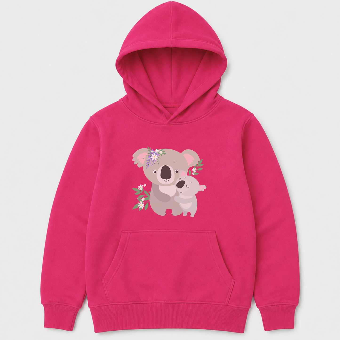 A hot pink kids pullover hoodie featuring a cute cartoon koala and joey graphic on the chest, displayed against a light grey background.