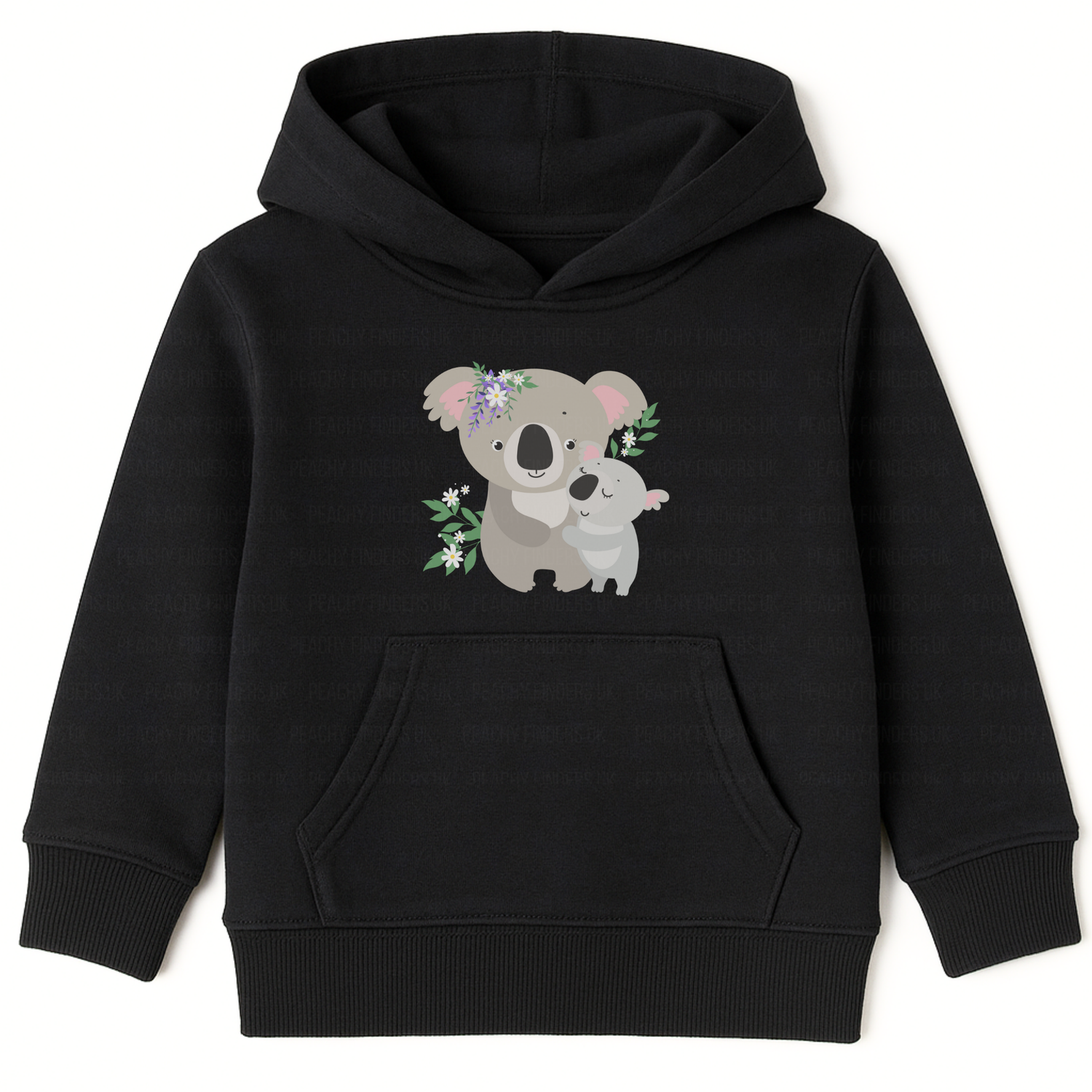 Girls black pullover hoodie featuring a cute mummy and baby koala illustration with floral accents