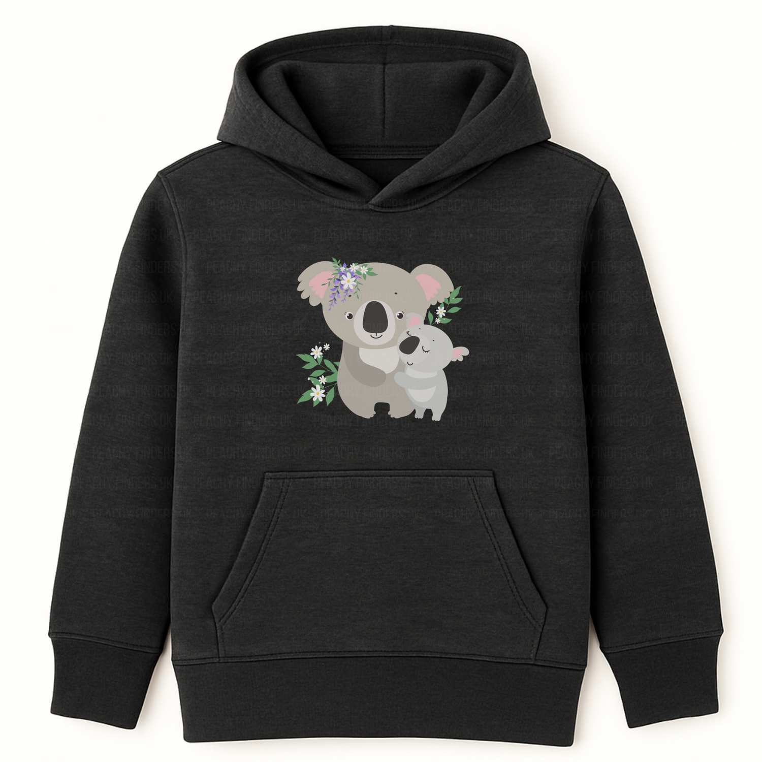 Girls charcoal grey pullover hoodie featuring a cute mummy and baby koala illustration with floral accents