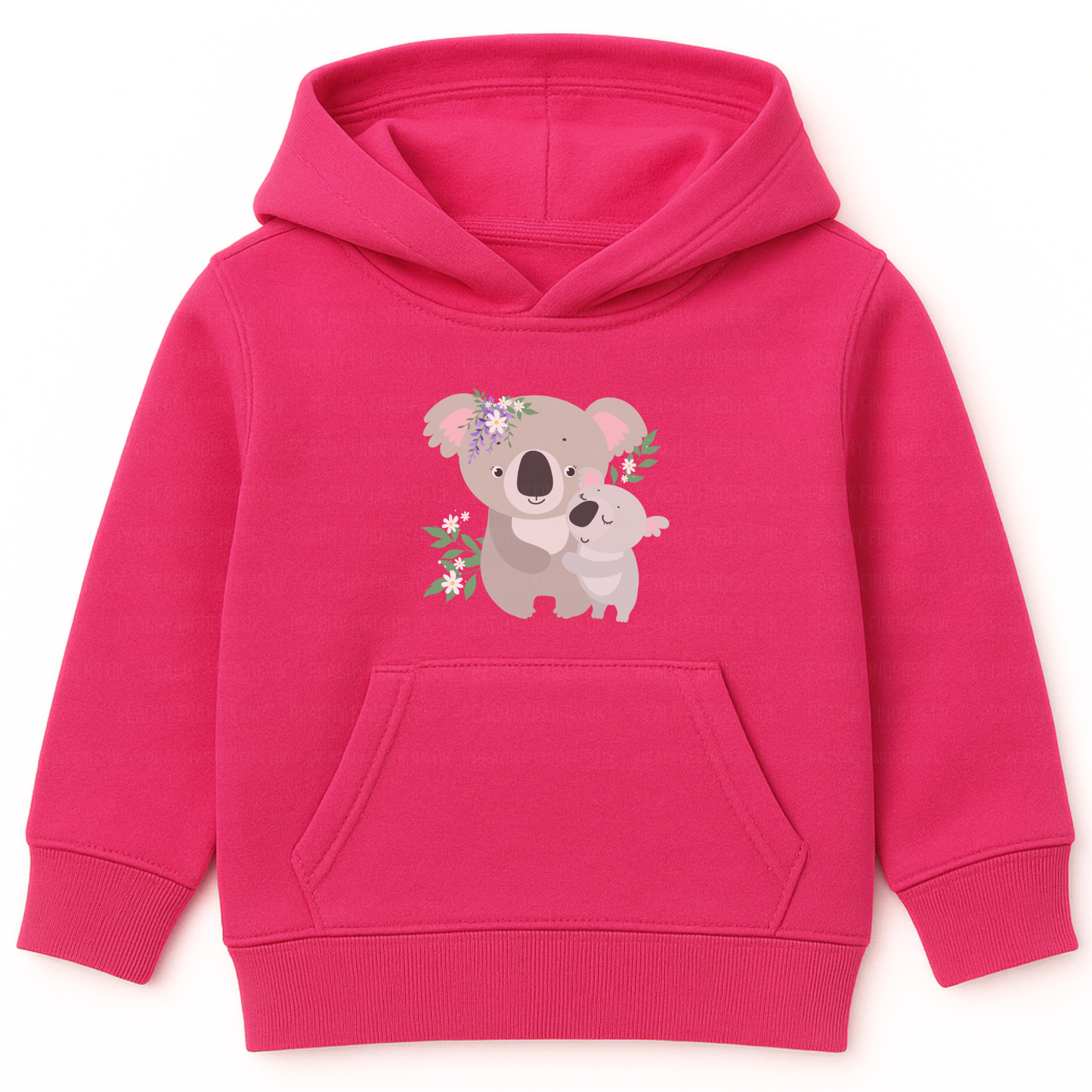 Girls hot pink pullover hoodie featuring a cute mummy and baby koala illustration with floral accents