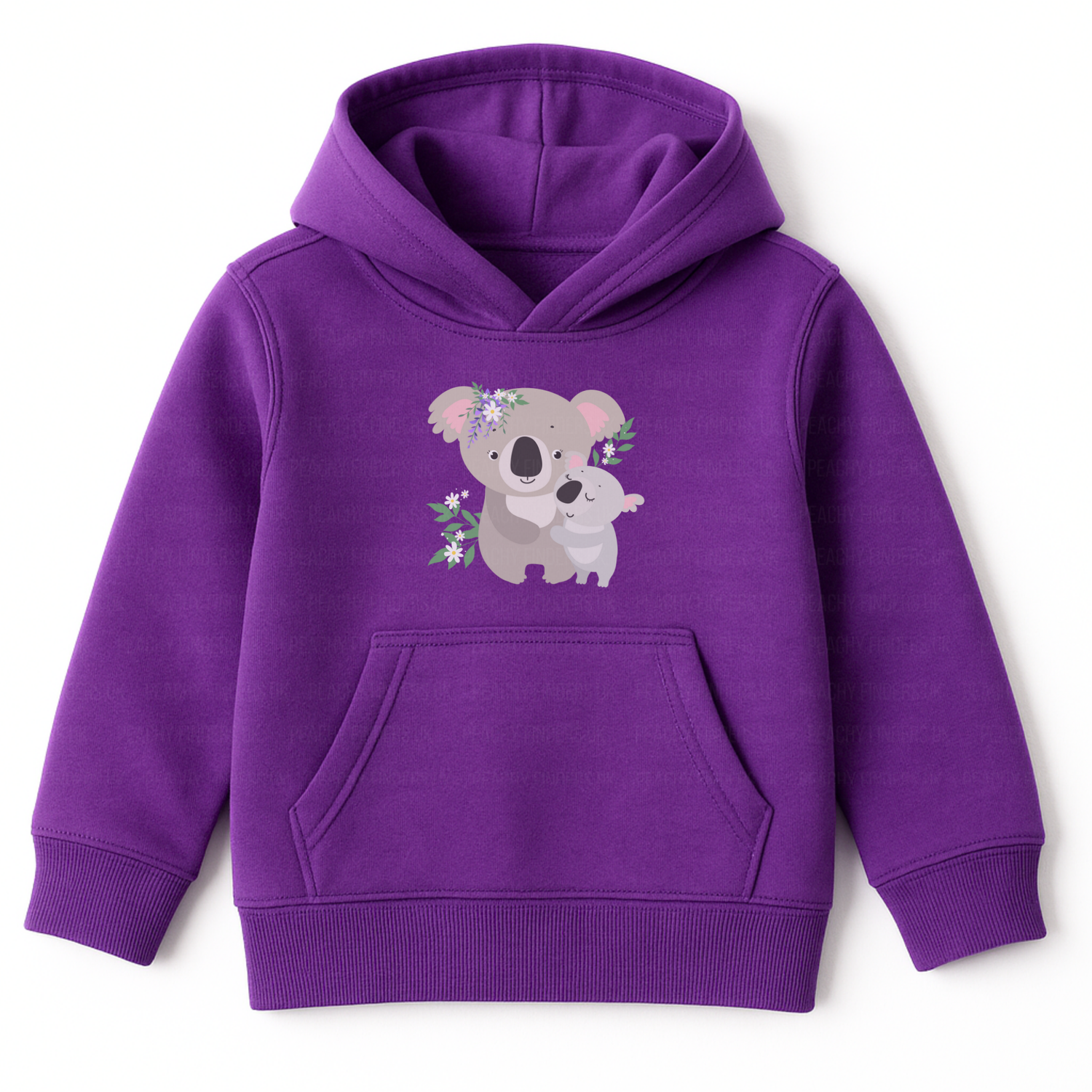 Girls purple pullover hoodie featuring a cute mummy and baby koala illustration with floral accents