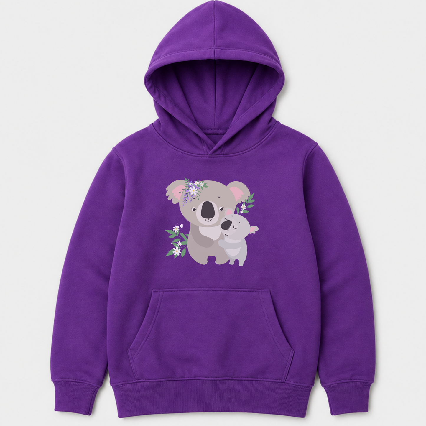 A girls purple pullover hoodie featuring a cute cartoon koala and joey graphic with small flowers on the chest, displayed on a light grey background.