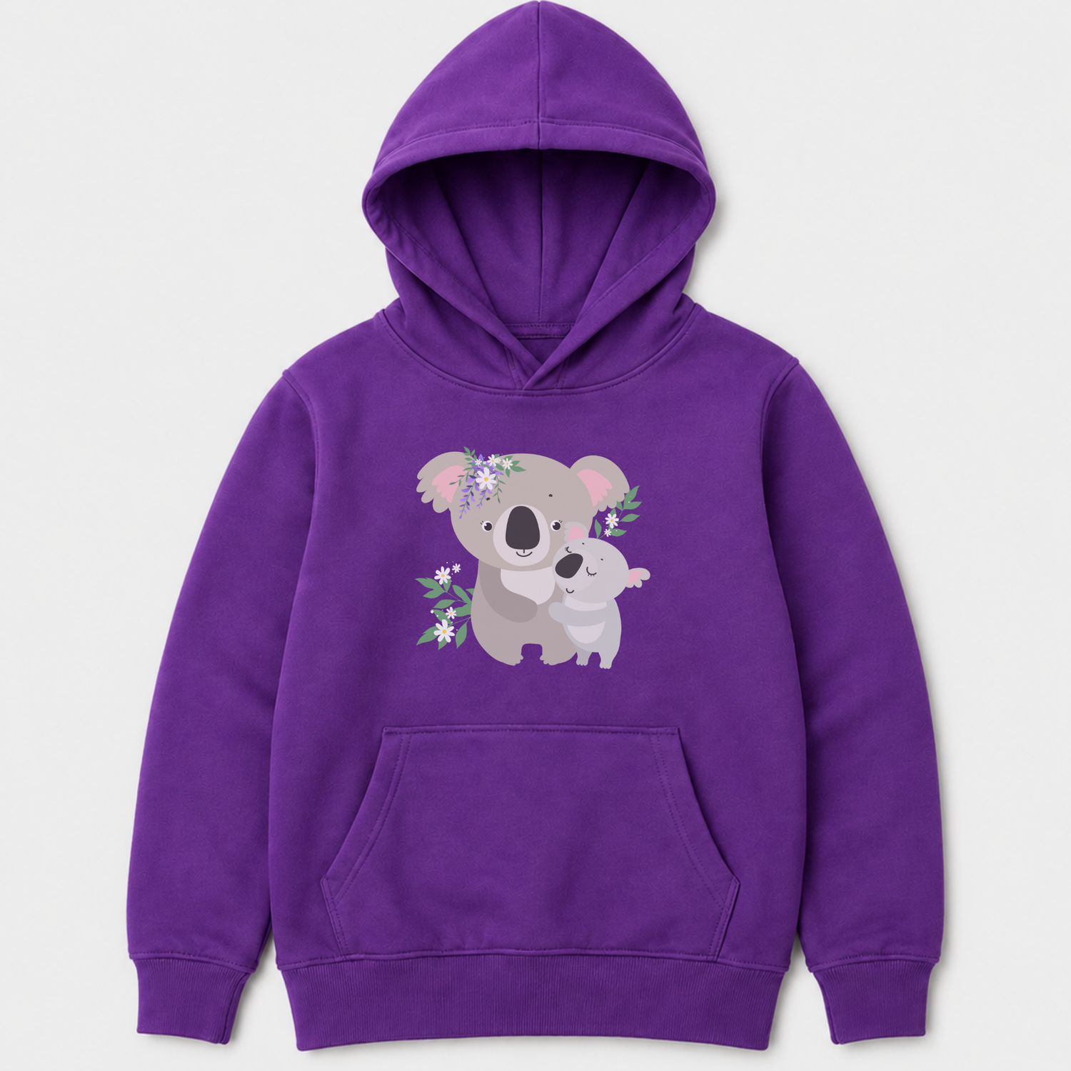 A girls purple pullover hoodie featuring a cute cartoon koala and joey graphic with small flowers on the chest, displayed on a light grey background.