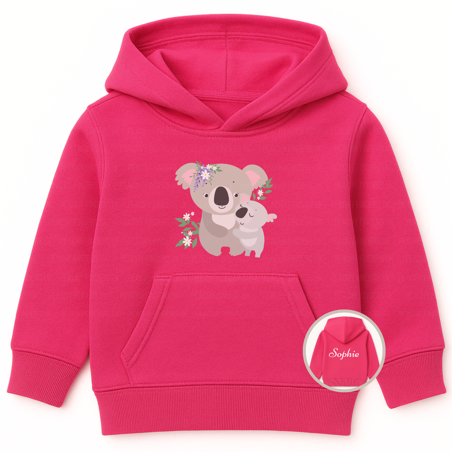 Hot pink girls hoodie featuring a cute mother and baby koala design with floral details on the front, and a personalised name option printed on the back.
