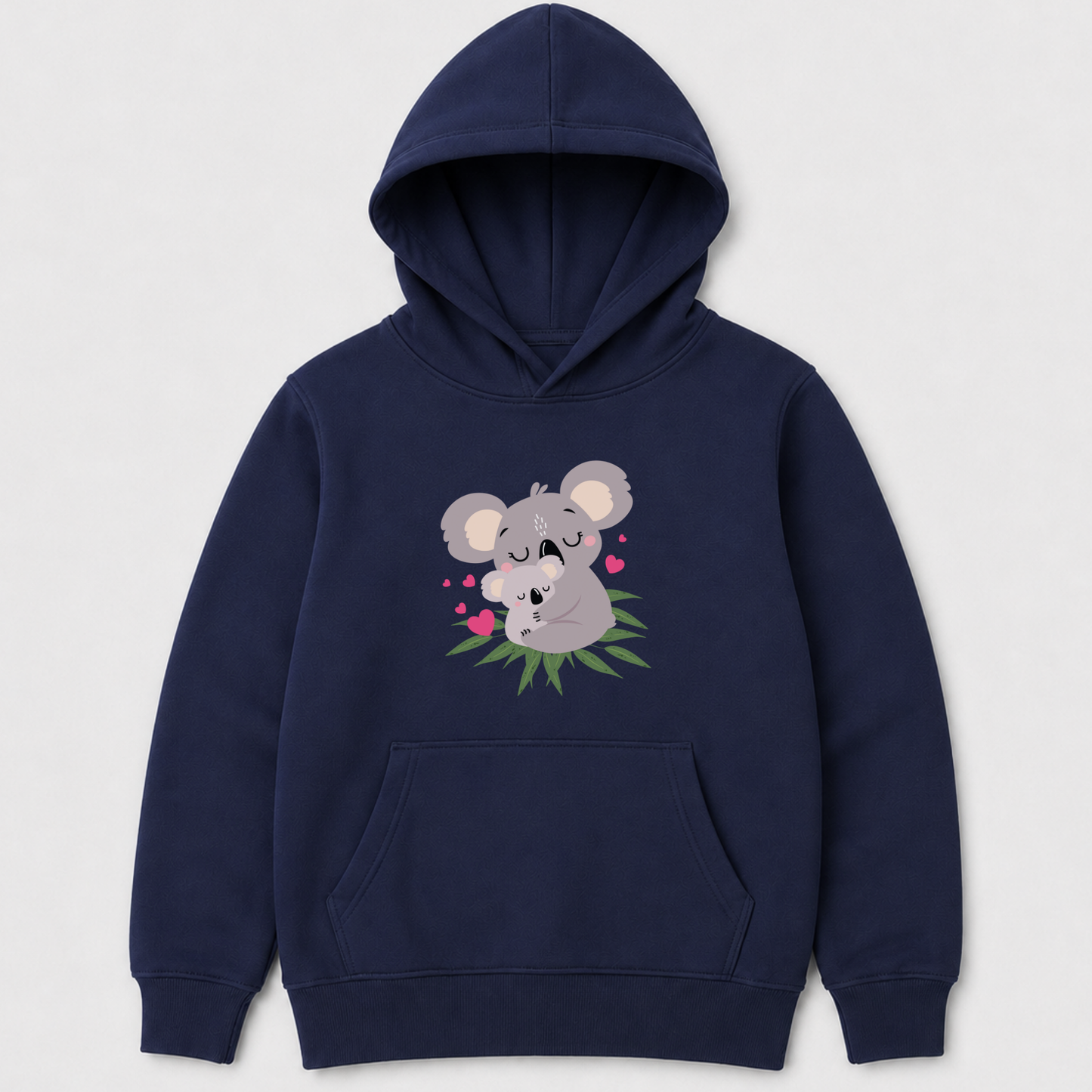 Navy girls pullover hoodie with a cute mother and baby koala design, green foliage and scattered pink hearts.