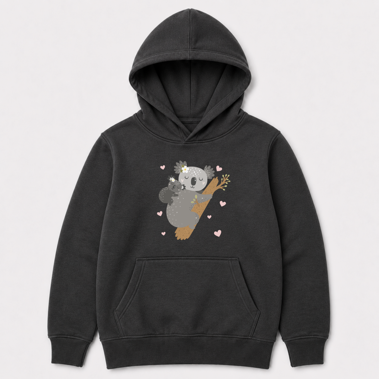 Charcoal grey kids pullover hoodie featuring a sweet koala and baby animal graphic with soft pink hearts