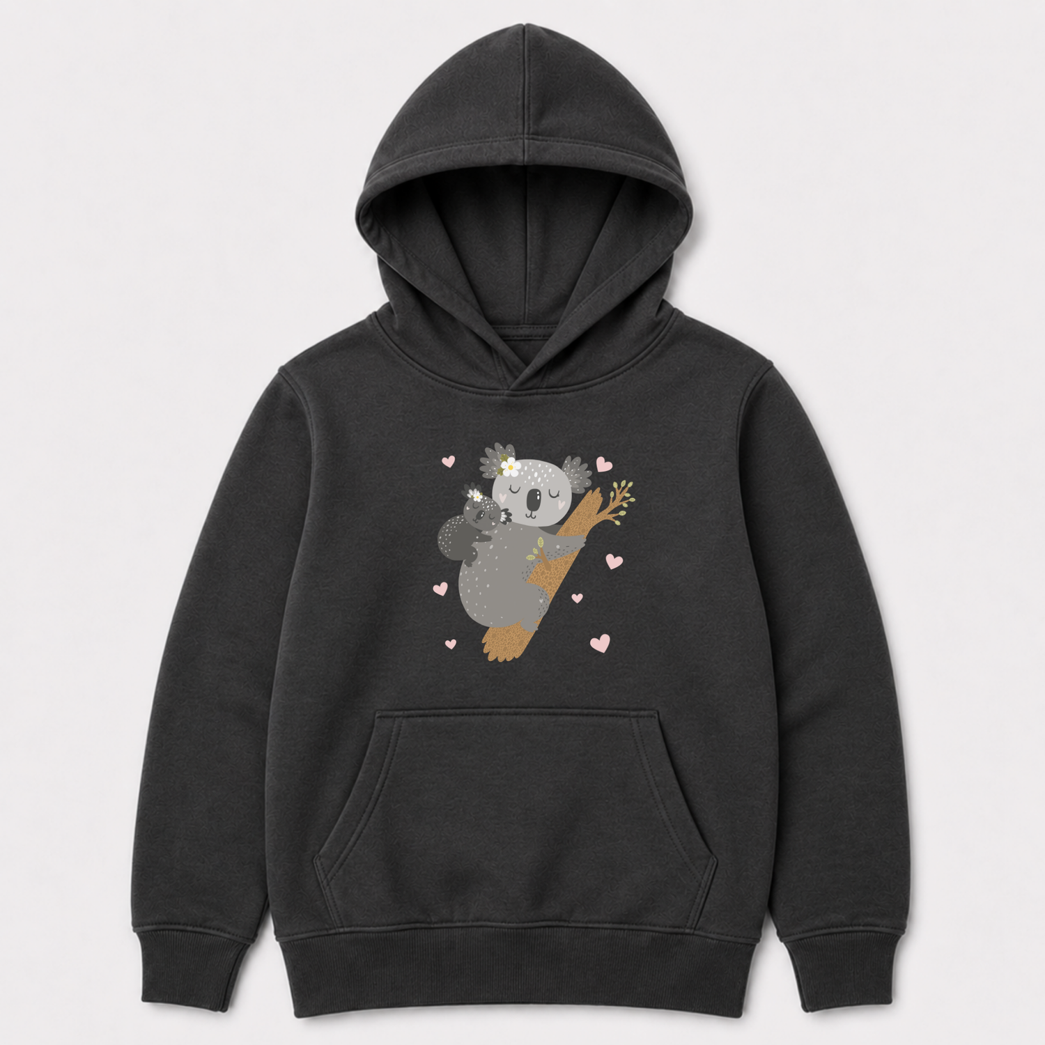 Charcoal grey kids pullover hoodie featuring a sweet koala and baby animal graphic with soft pink hearts