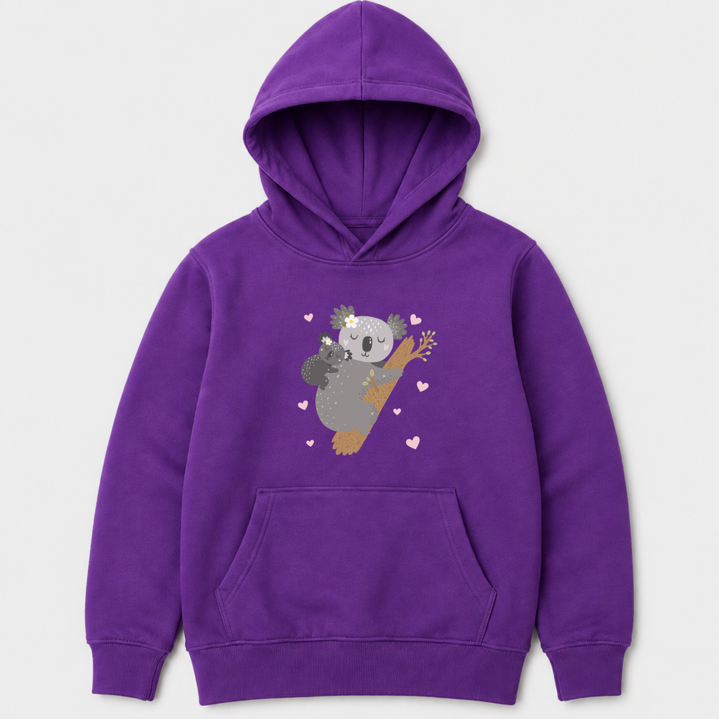 Purple girls hoodie with adorable koala mum and baby print, floral details and cosy kangaroo pocket