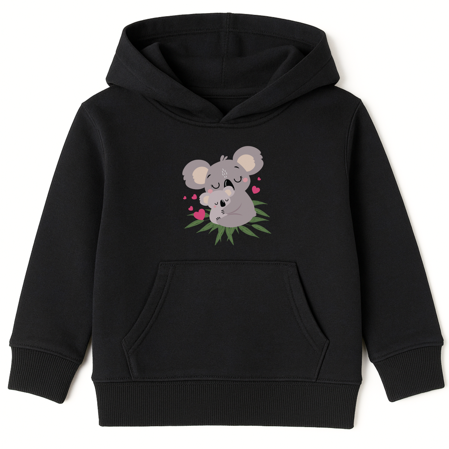 Girls black hoodie with a koala design on a white background