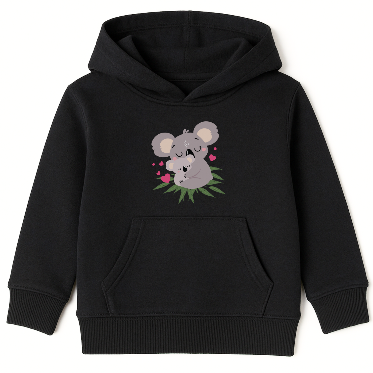 Girls black hoodie with a koala design on a white background