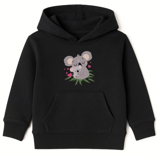 Girls Black hoodie with a koala design on a white background
