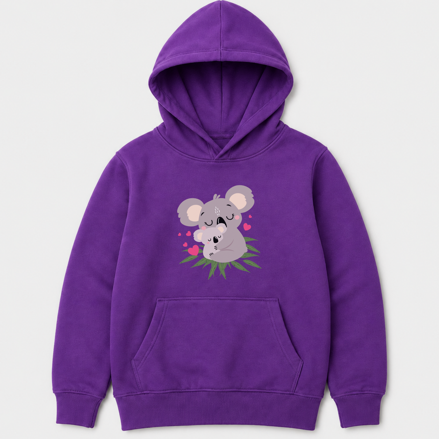 Purple girls pullover hoodie featuring a mother and baby koala cuddling on green leaves with pink heart details.