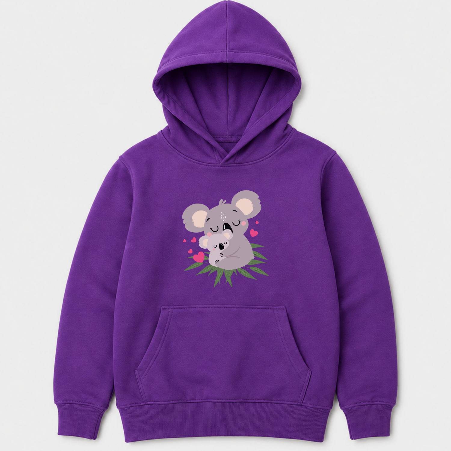 Purple girls pullover hoodie featuring a mother and baby koala cuddling on green leaves with pink heart details.