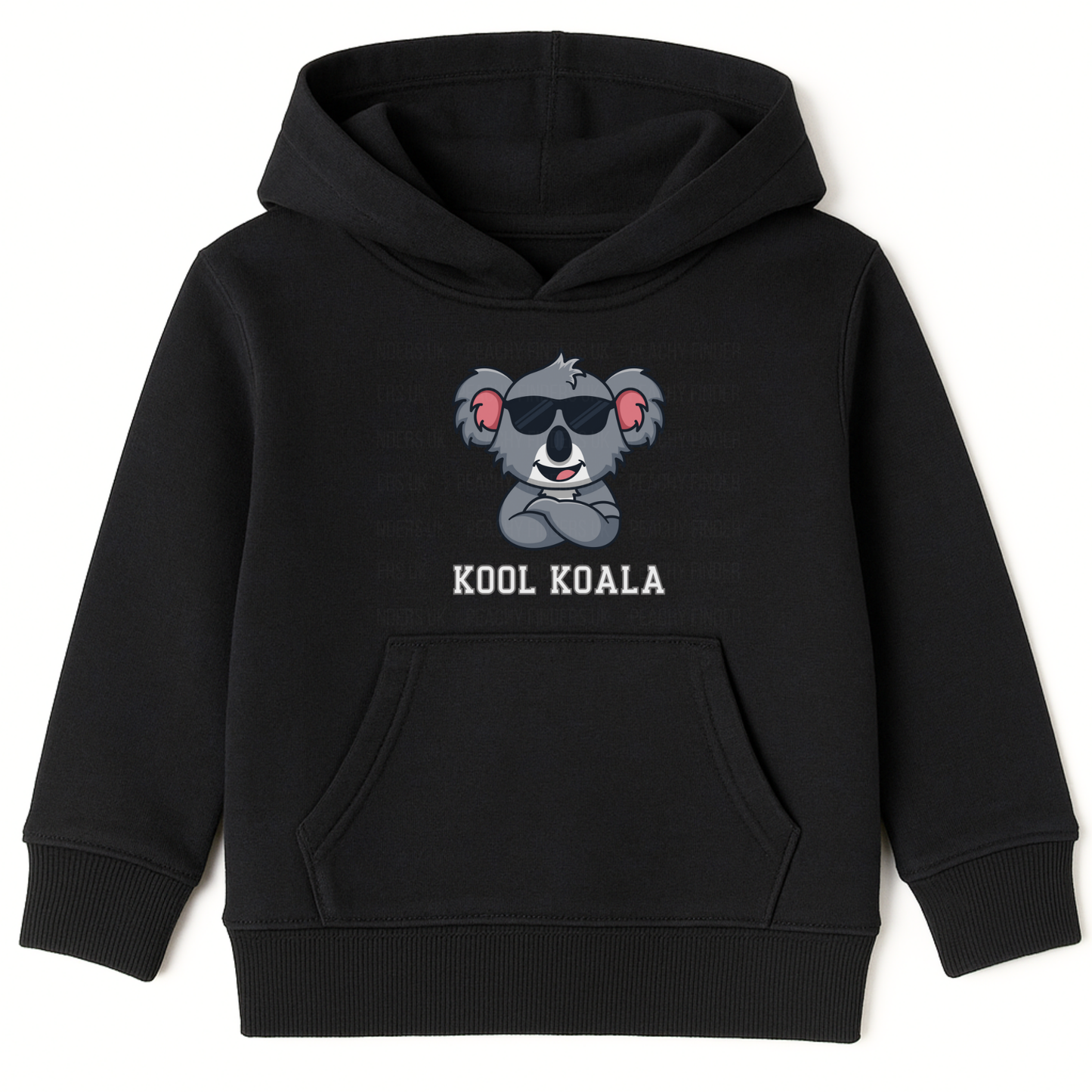 Girls black pullover hoodie featuring a cartoon koala wearing sunglasses with the text ‘Kool Koala’ printed on the front.