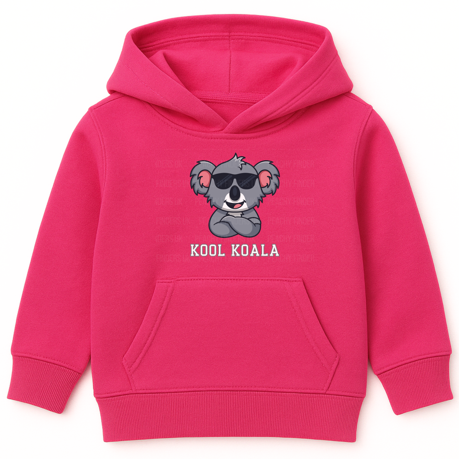 Girls hot pink pullover hoodie featuring a cartoon koala wearing sunglasses with the text ‘Kool Koala’ printed on the front.