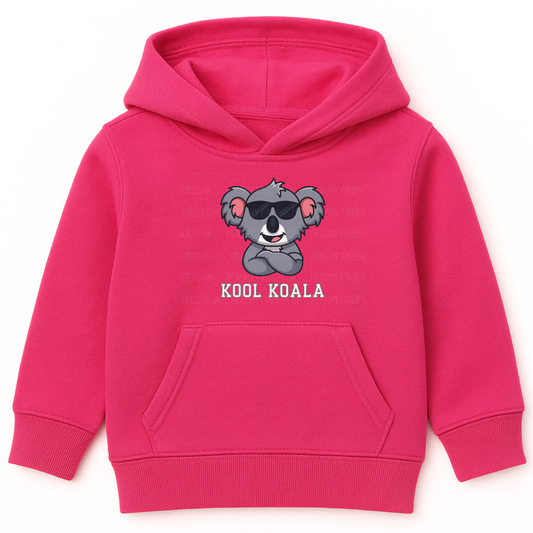 Girls hot pink pullover hoodie featuring a cartoon koala wearing sunglasses with the text ‘Kool Koala’ printed on the front.