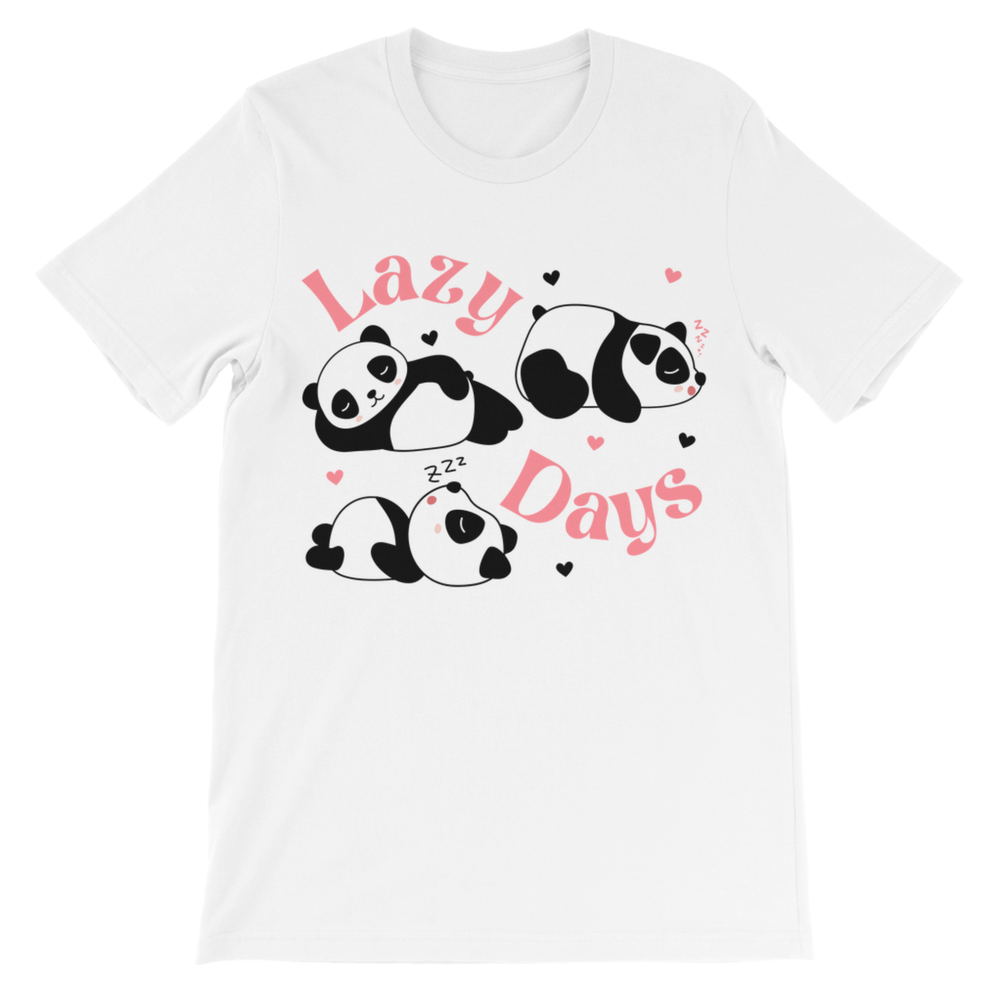 White kids t-shirt featuring “Lazy Days” panda graphic and pink lettering shown on a clean white background.