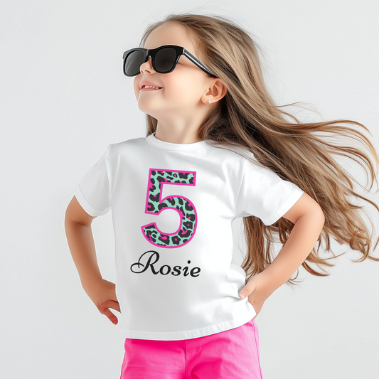 Girls Leopard Print Birthday Cotton T-shirt | 3 - 13 years