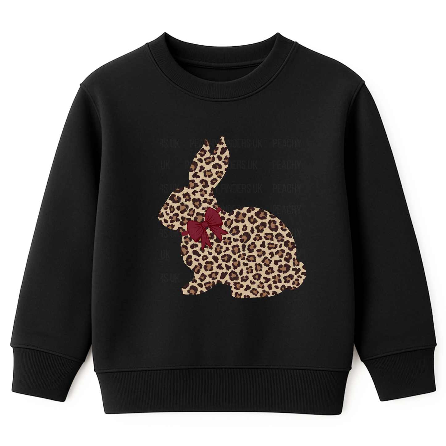 Girls black sweatshirt with leopard print bunny rabbit and bow graphic front view