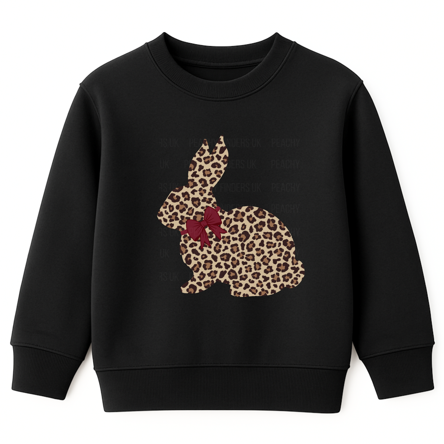 Girls black sweatshirt with leopard print bunny rabbit and bow graphic front view