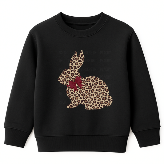 Girls black sweatshirt with leopard print bunny rabbit and bow graphic front view