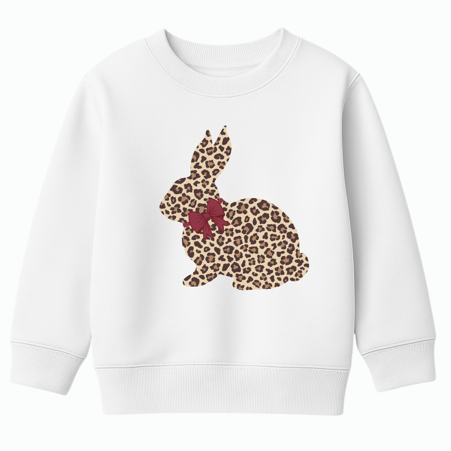 Kids white sweatshirt with a leopard print bunny rabbit design on a white background