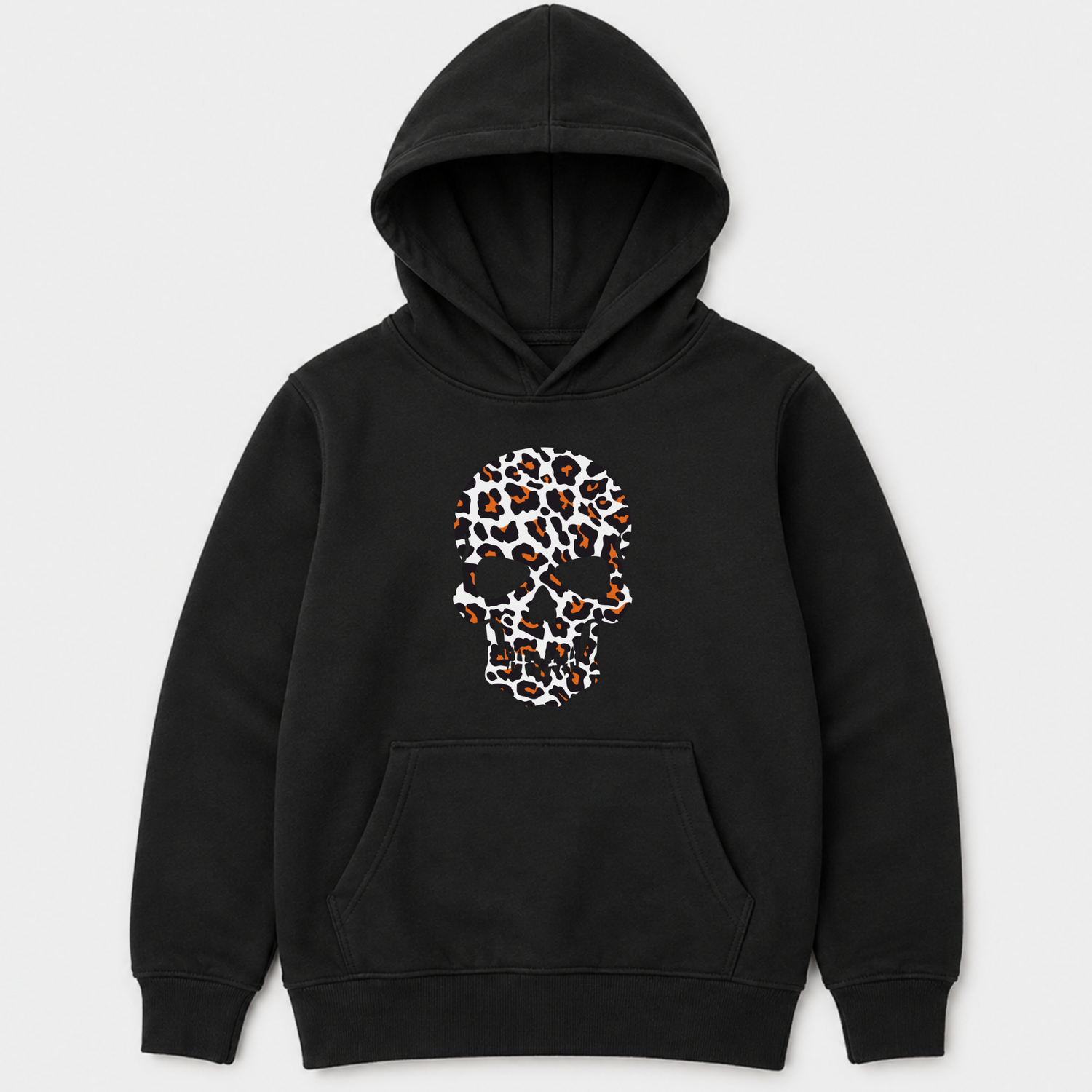 Girls black pullover hoodie featuring a white, black and orange leopard-print skull graphic.