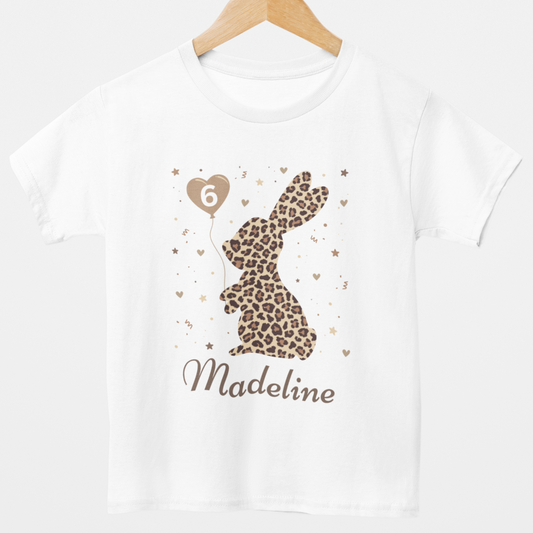 Girls Personalised Birthday Leopard Print Bunny Rabbit T-shirt | 3 - 13 years