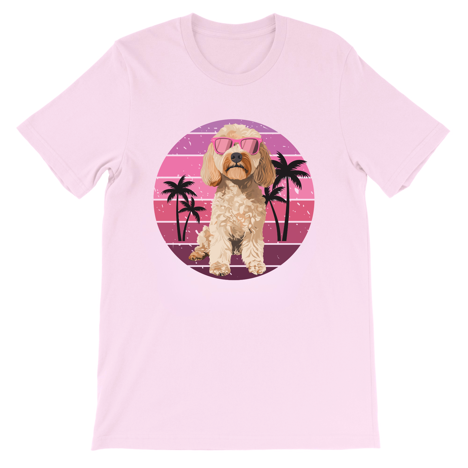Girls light pink Cockapoo T-shirt featuring sunglasses dog and palm tree summer print
