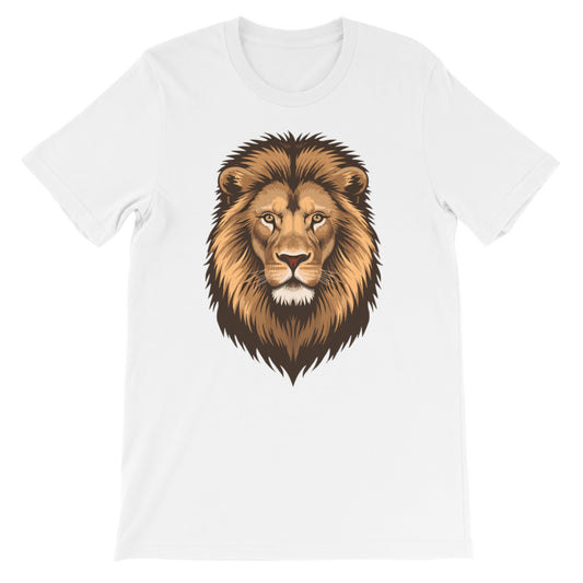 Kids white cotton t-shirt with a lion graphic on a white background