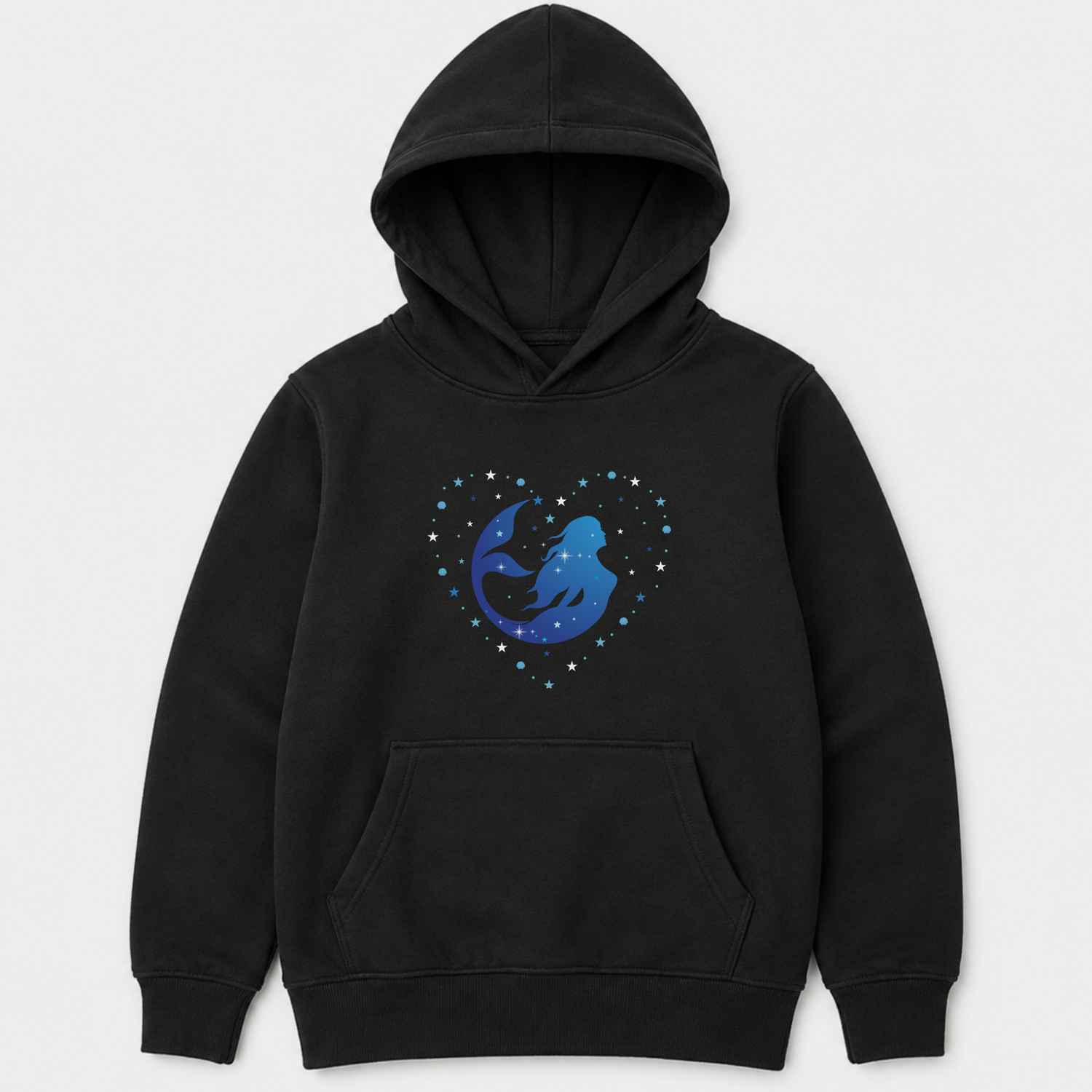Kids black pullover hoodie with a front kangaroo pocket and a central graphic of a blue mermaid inside a heart-shaped starry pattern, shown on a light grey background.