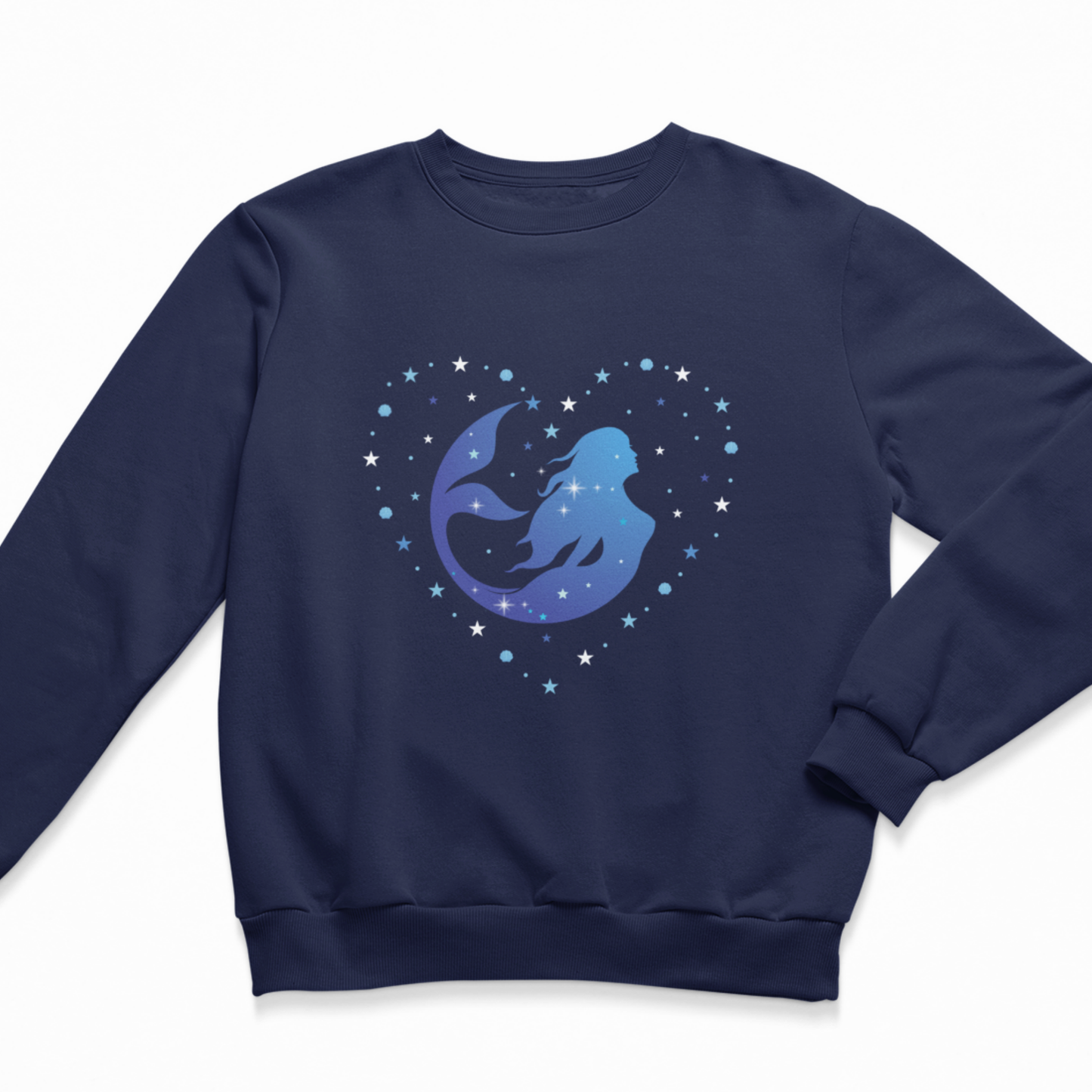 Girls navy crewneck sweatshirt featuring a graphic of a blue and purple ombre mermaid silhouette swimming inside a heart formed with shells and stars 