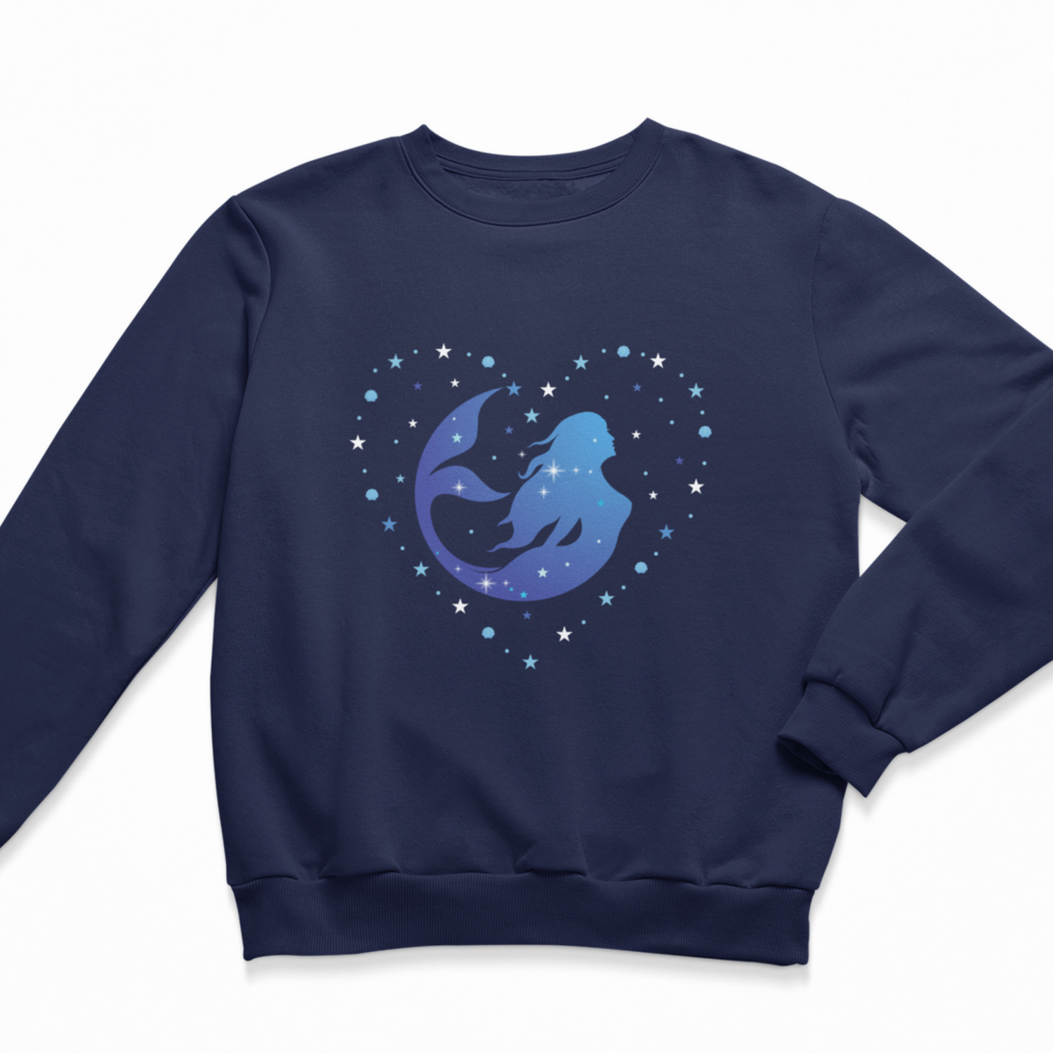 Girls navy crewneck sweatshirt featuring a graphic of a blue and purple ombre mermaid silhouette swimming inside a heart formed with shells and stars 