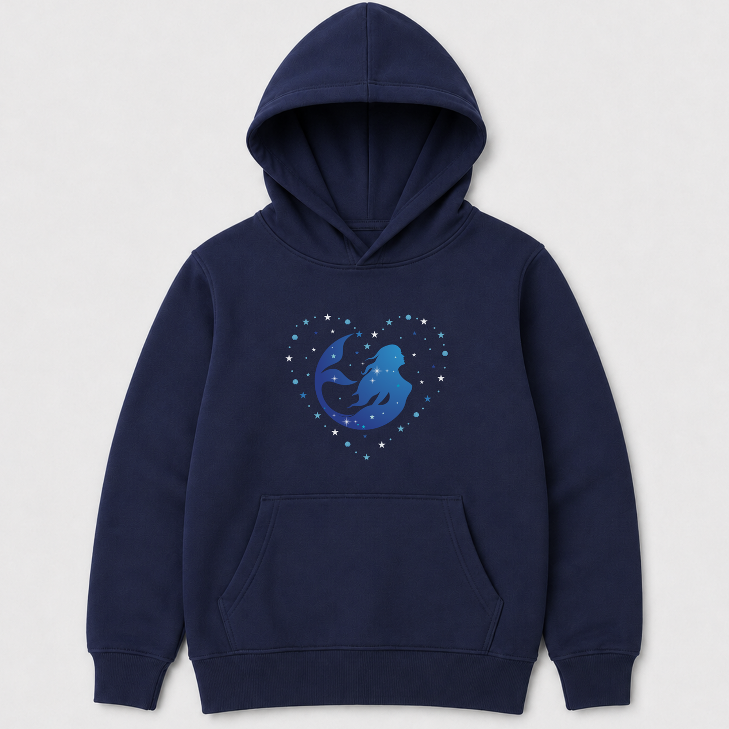 Kids navy blue pullover hoodie with a front kangaroo pocket and a central graphic of a mermaid inside a heart-shaped galaxy with stars, shown on a light grey background.