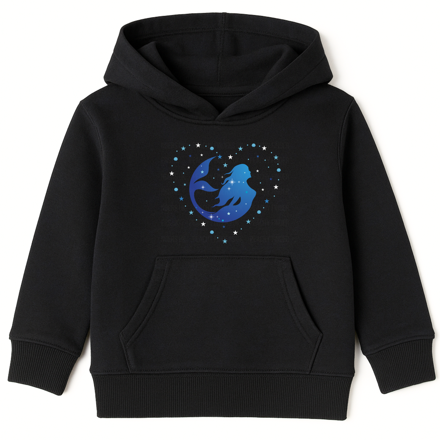 Girls black hoodie featuring a blue ombre mermaid silhouette surrounded by stars and shells in a heart shape.