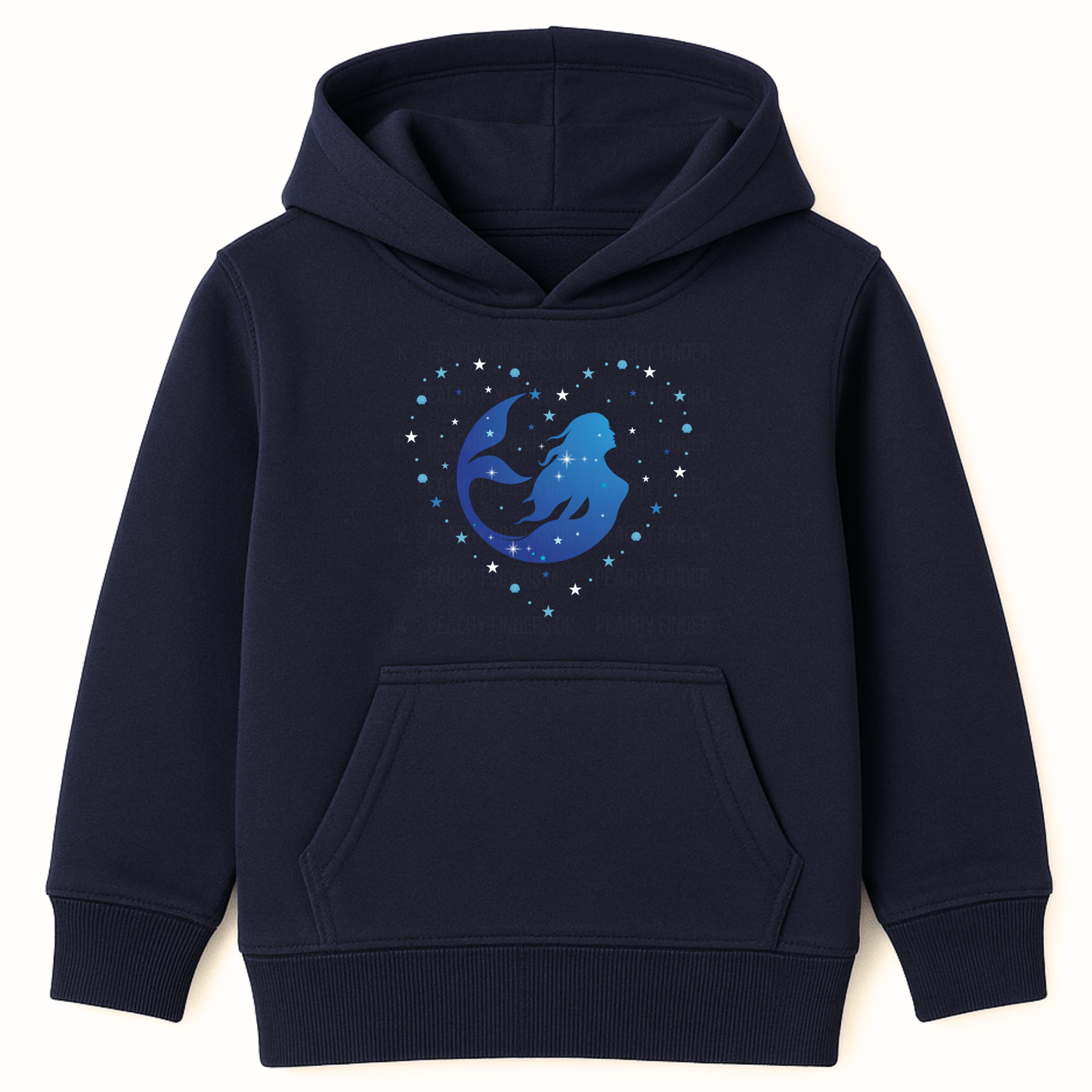 Girls navy hoodie featuring a blue ombre mermaid silhouette surrounded by stars and shells in a heart shape.