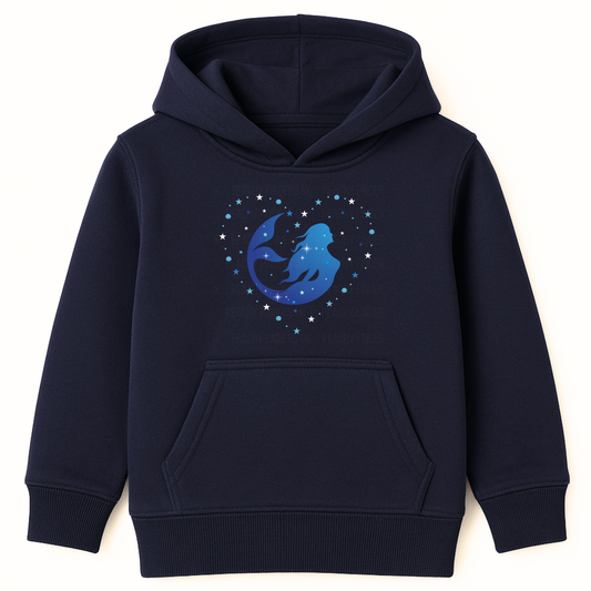 Girls navy hoodie featuring a blue ombre mermaid silhouette surrounded by stars and shells in a heart shape.