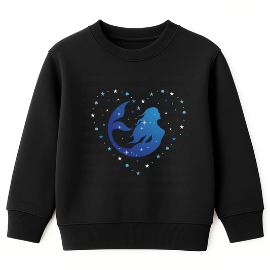Girls black sweatshirt featuring a blue mermaid silhouette inside a heart made of stars.
