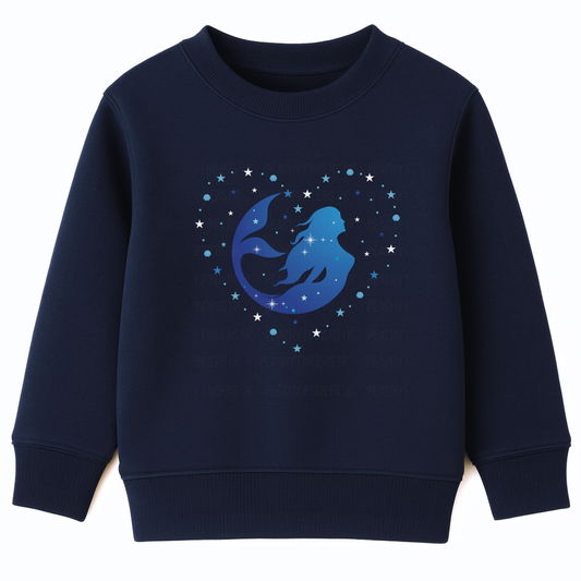 Girls navy blue sweatshirt featuring a blue mermaid silhouette inside a heart made of stars.