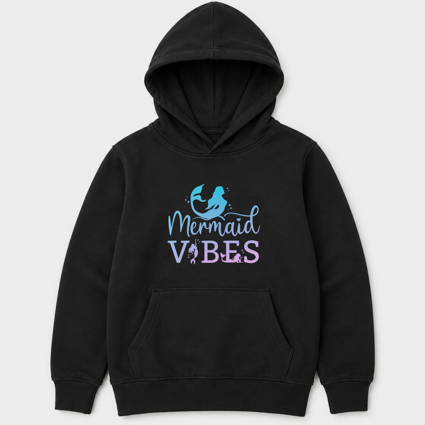 A kids black pullover hoodie with a 'Mermaid VIBES' graphic on the chest, featuring a mermaid illustration and pastel blue and purple lettering, shown against a light grey background.
