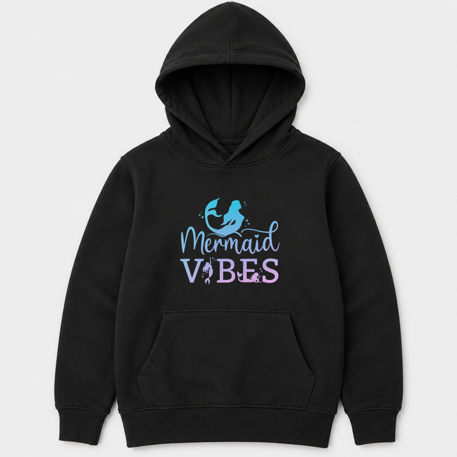 A kids black pullover hoodie with a 'Mermaid VIBES' graphic on the chest, featuring a mermaid illustration and pastel blue and purple lettering, shown against a light grey background.