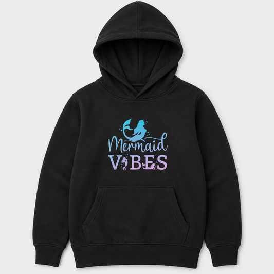A kids black pullover hoodie with a 'Mermaid VIBES' graphic on the chest, featuring a mermaid illustration and pastel blue and purple lettering, shown against a light grey background.