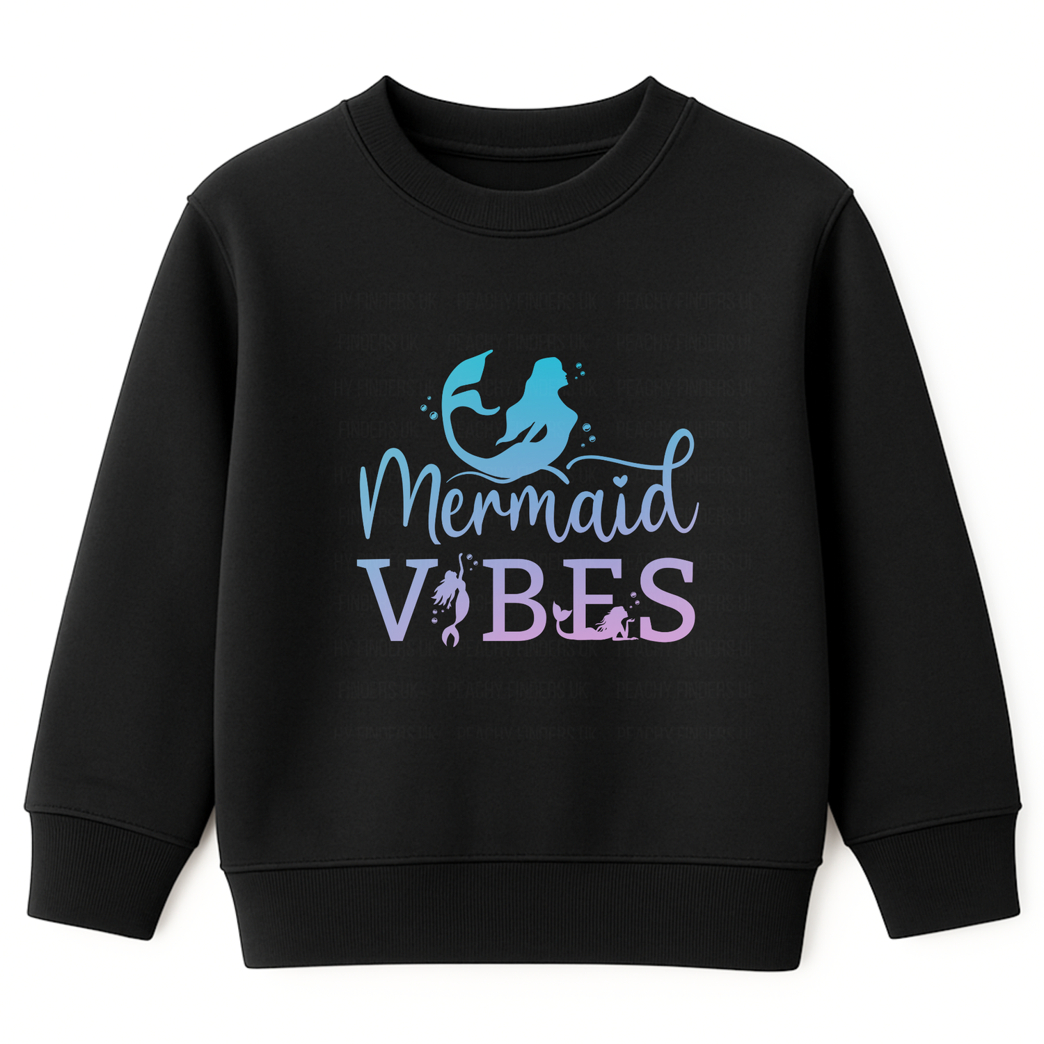 Girls black sweatshirt with 'Mermaid Vibes' text and mermaid graphic on a white background