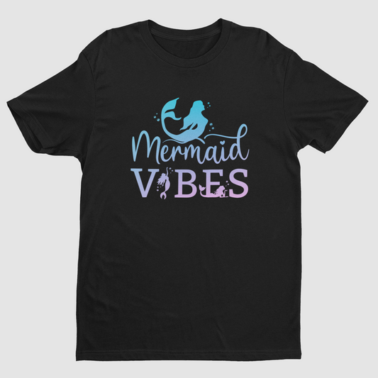 A black short-sleeve crewneck t-shirt featuring a 'Mermaid Vibes' graphic on the chest. The graphic includes a light blue mermaid silhouette and the words 'Mermaid VIBES' in a light blue and lavender-purple gradient font, set against a plain light gray background.