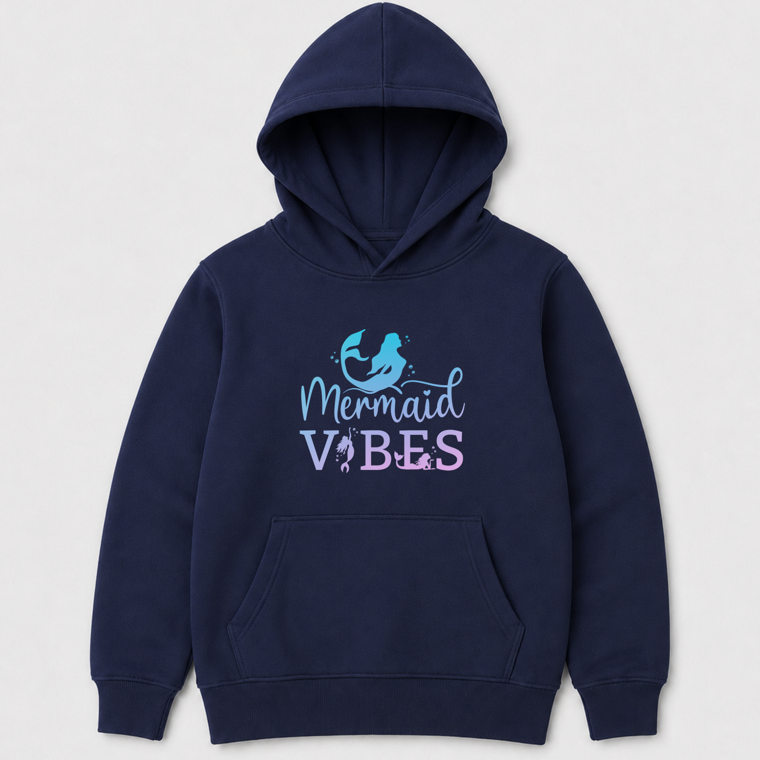 A navy blue kids pullover hoodie with a 'Mermaid Vibes' graphic on the chest, featuring a mermaid illustration and ombre blue and purple text, shown against a light grey background.