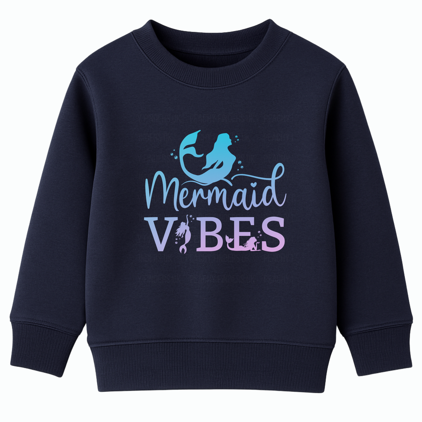 Girls navy sweatshirt with 'Mermaid Vibes' text and mermaid graphic on a white background