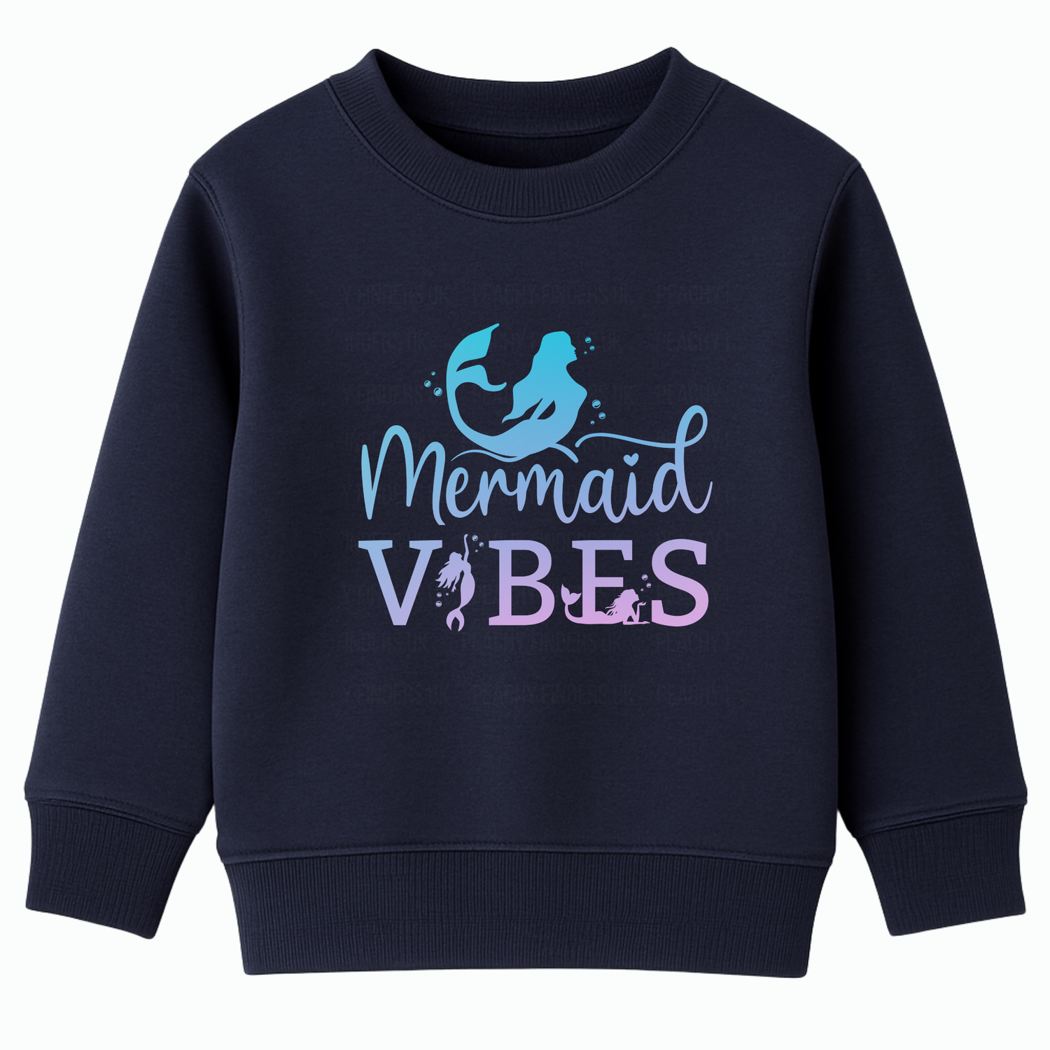 Girls navy sweatshirt with 'Mermaid Vibes' text and mermaid graphic on a white background